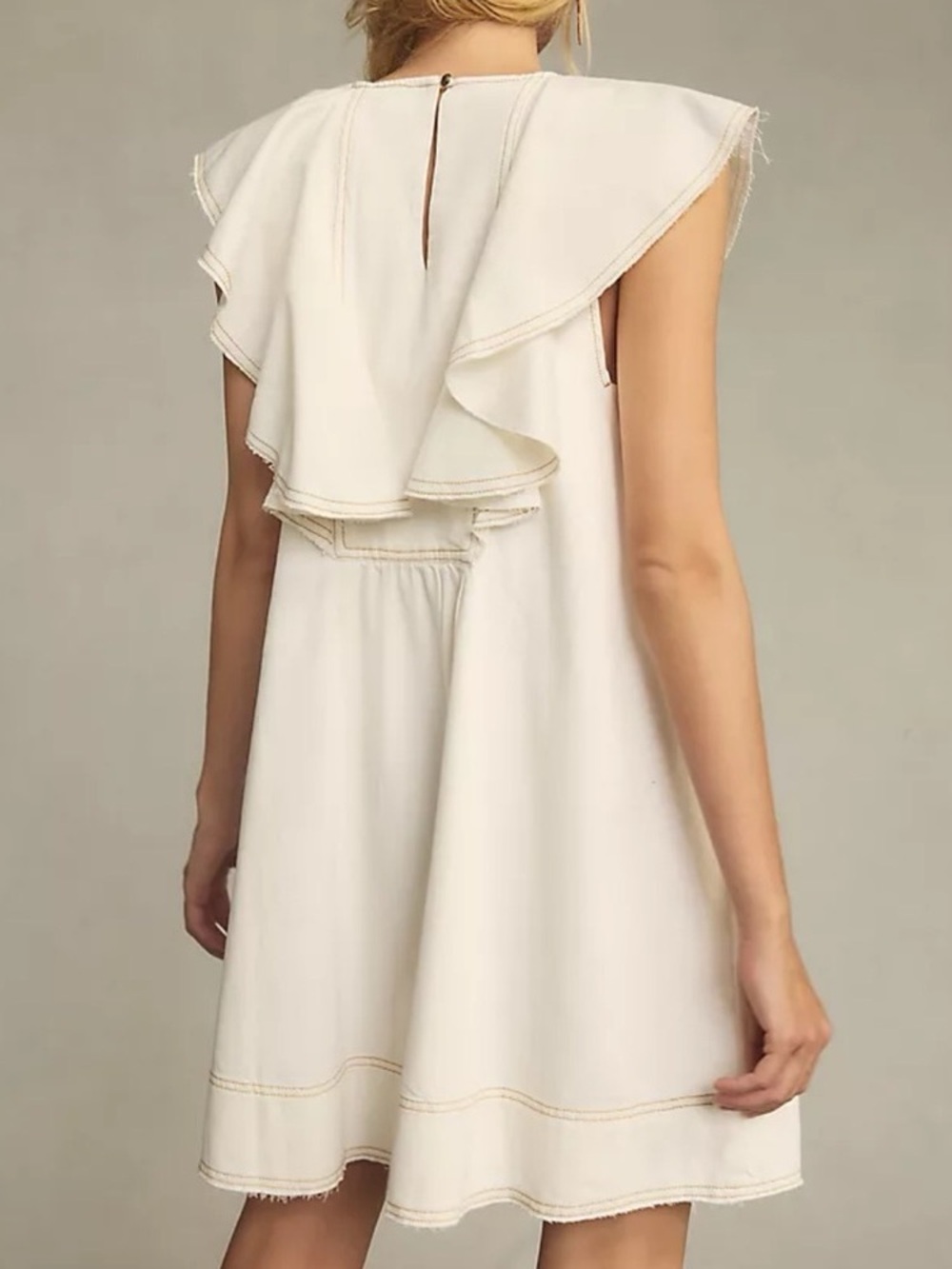 Anthropology Cream Ruffled V-Neck Sleeveless Mini Dress - Picture 3 of 4